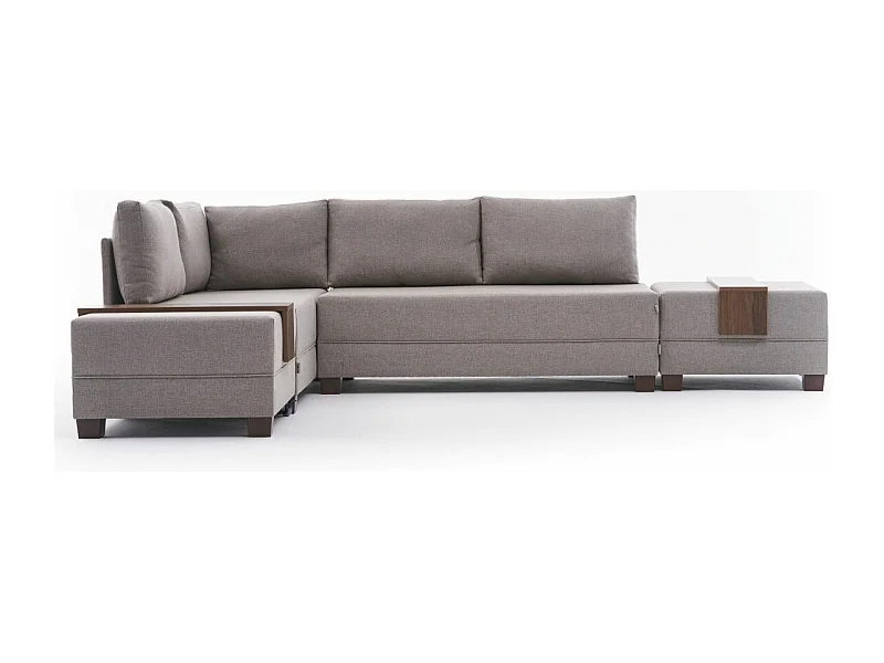 Canapé d'angle convertible et 2 poufs tissu Tikona 280cm-Beige clair-angle gauche