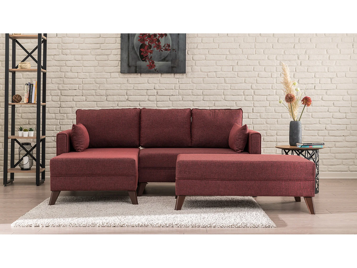 Petit canapé convertible d'angle gauche avec pouf tissu bordeaux Kandy 205cm