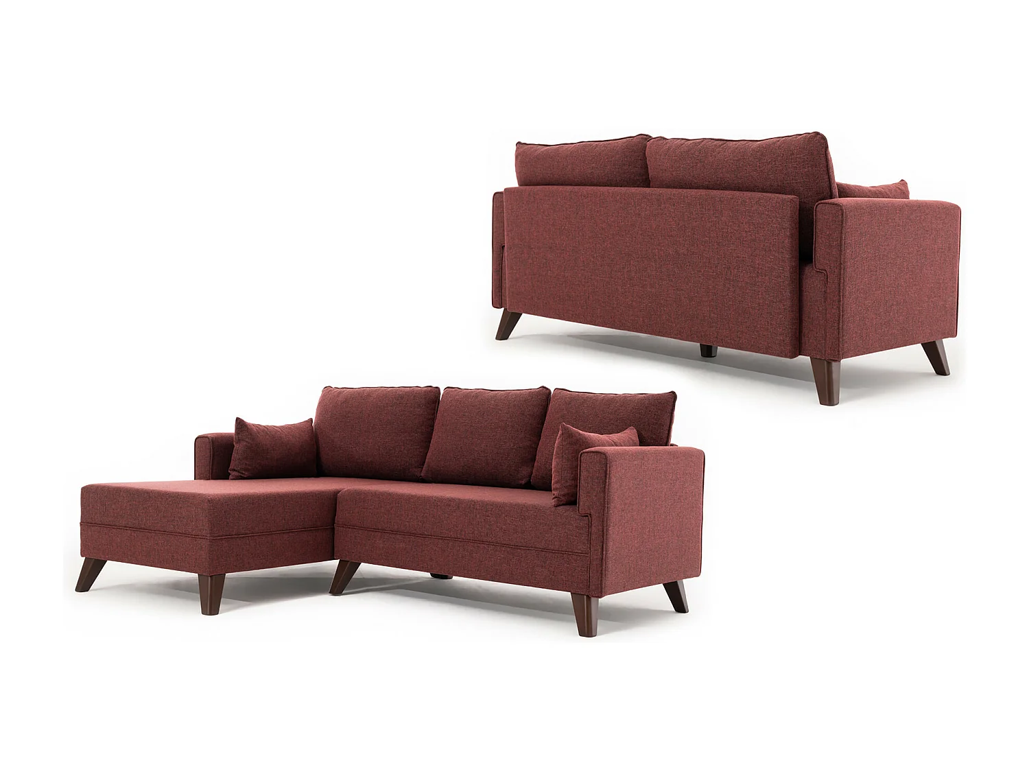 Petit canapé convertible d'angle gauche avec pouf tissu bordeaux Kandy 205cm