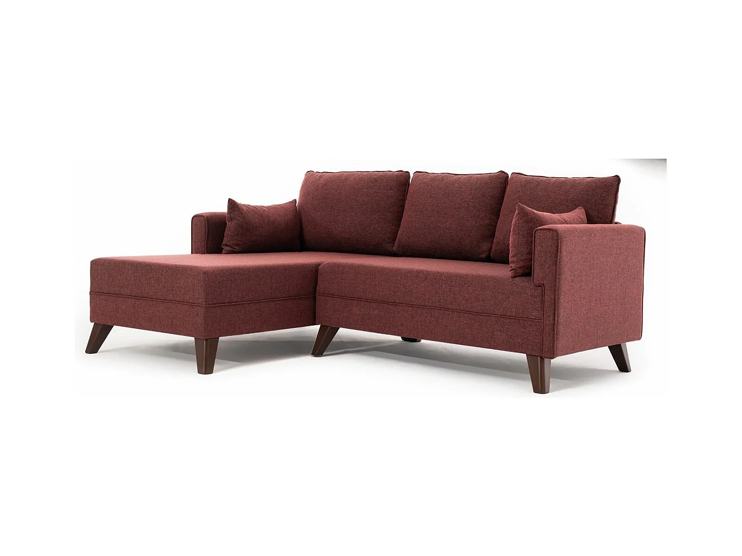 Petit canapé convertible d'angle gauche avec pouf tissu bordeaux Kandy 205cm