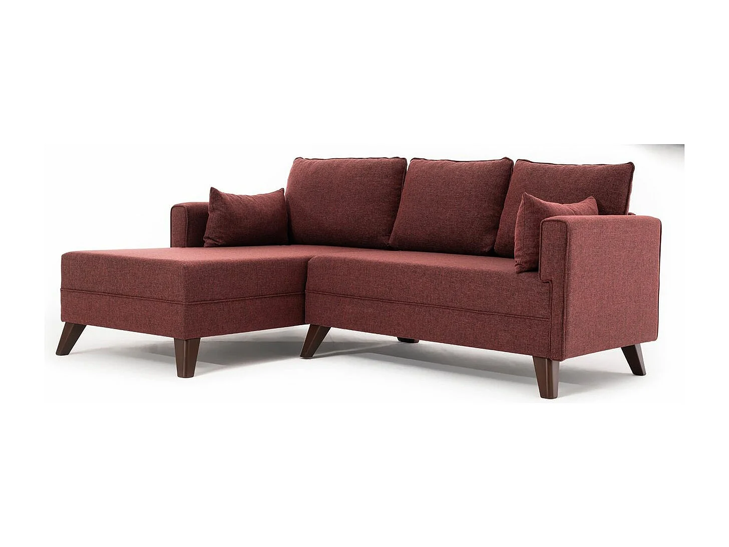 Petit canapé convertible d'angle gauche avec pouf tissu bordeaux Kandy 205cm