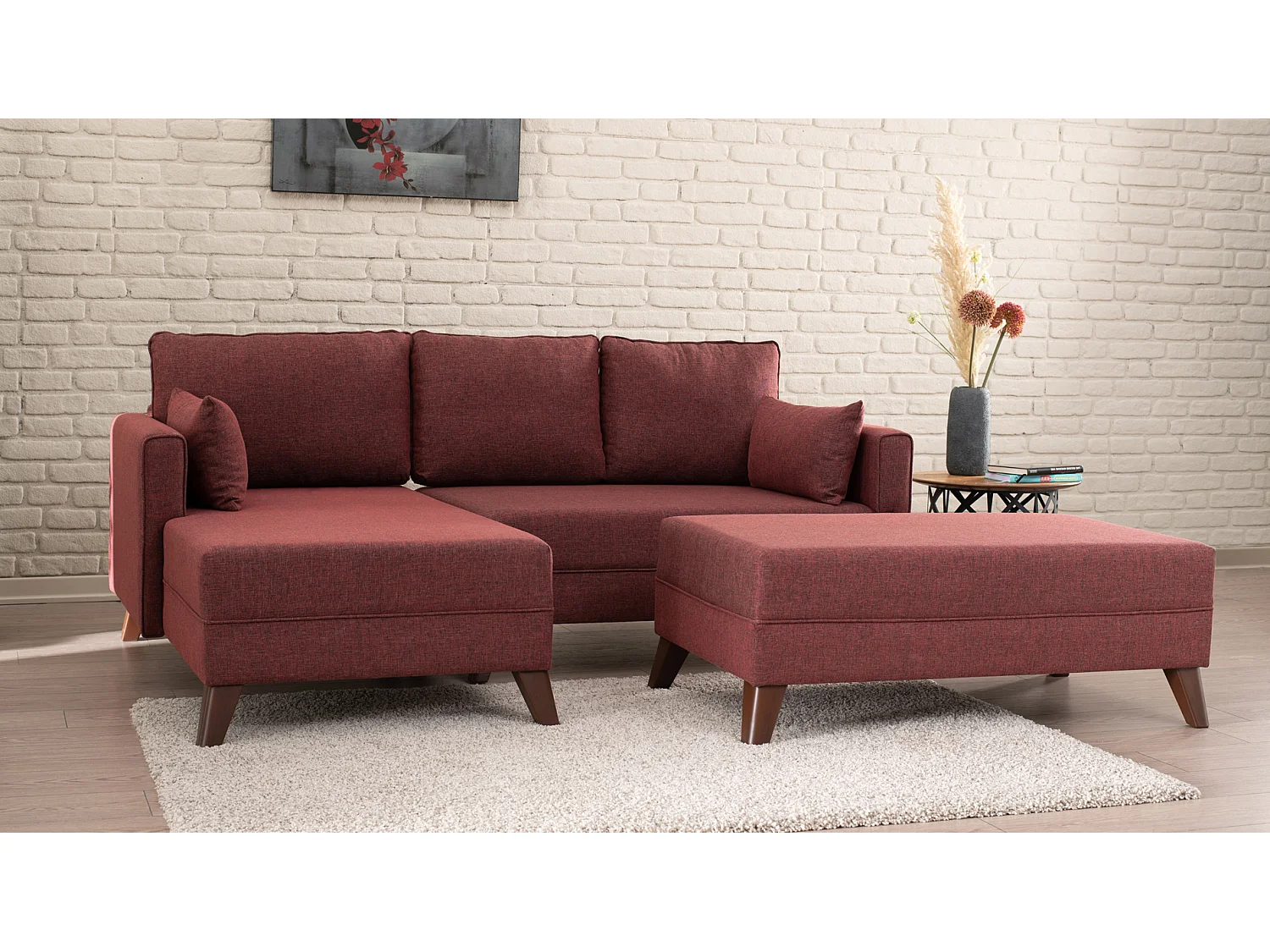 Petit canapé convertible d'angle gauche avec pouf tissu bordeaux Kandy 205cm