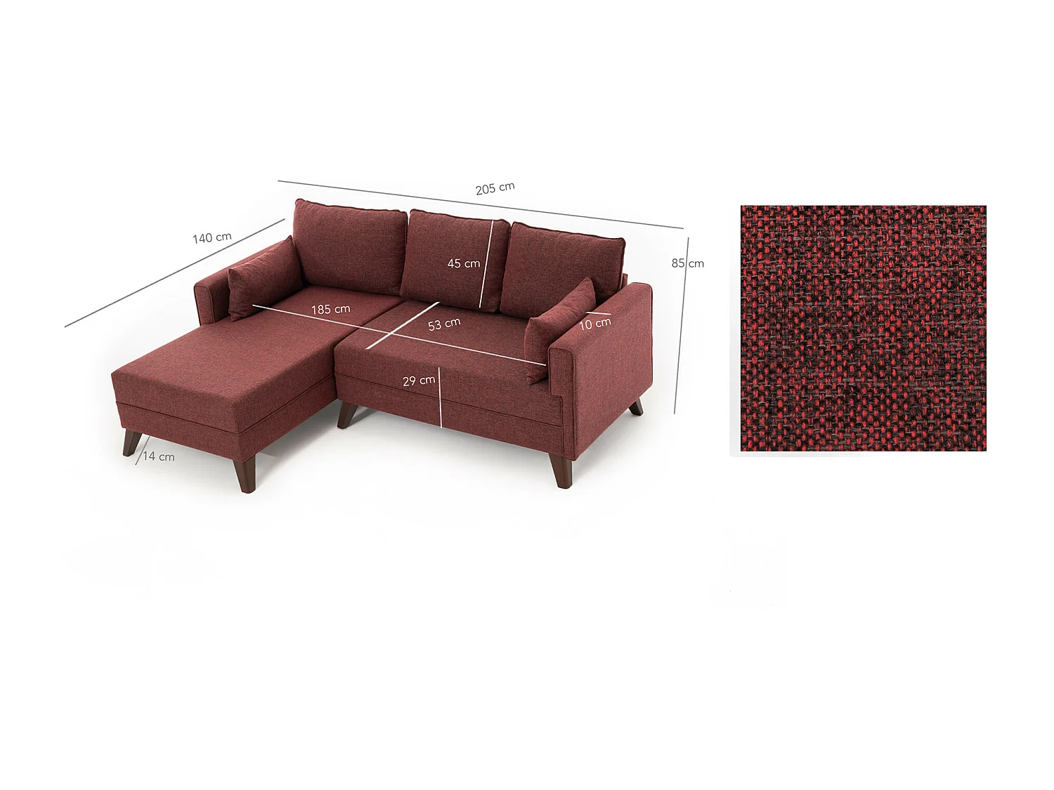 Petit canapé convertible d'angle gauche avec pouf tissu bordeaux Kandy 205cm