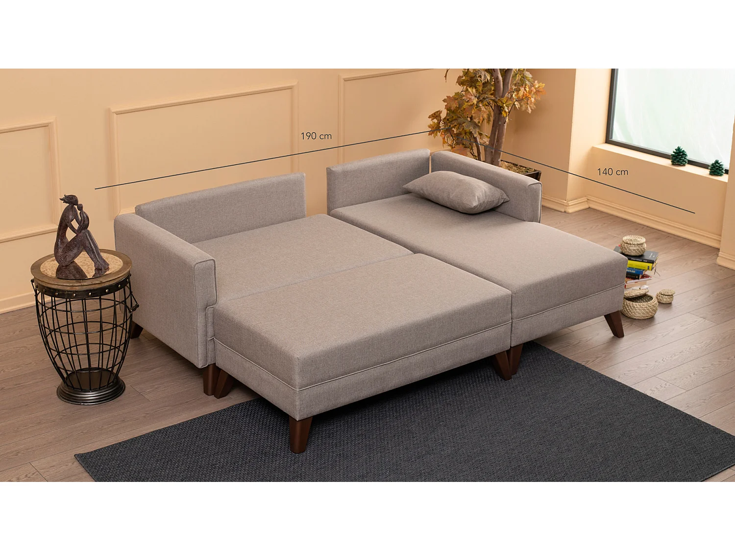 Petit canapé convertible d'angle droit avec pouf tissu beige Kandy 205cm