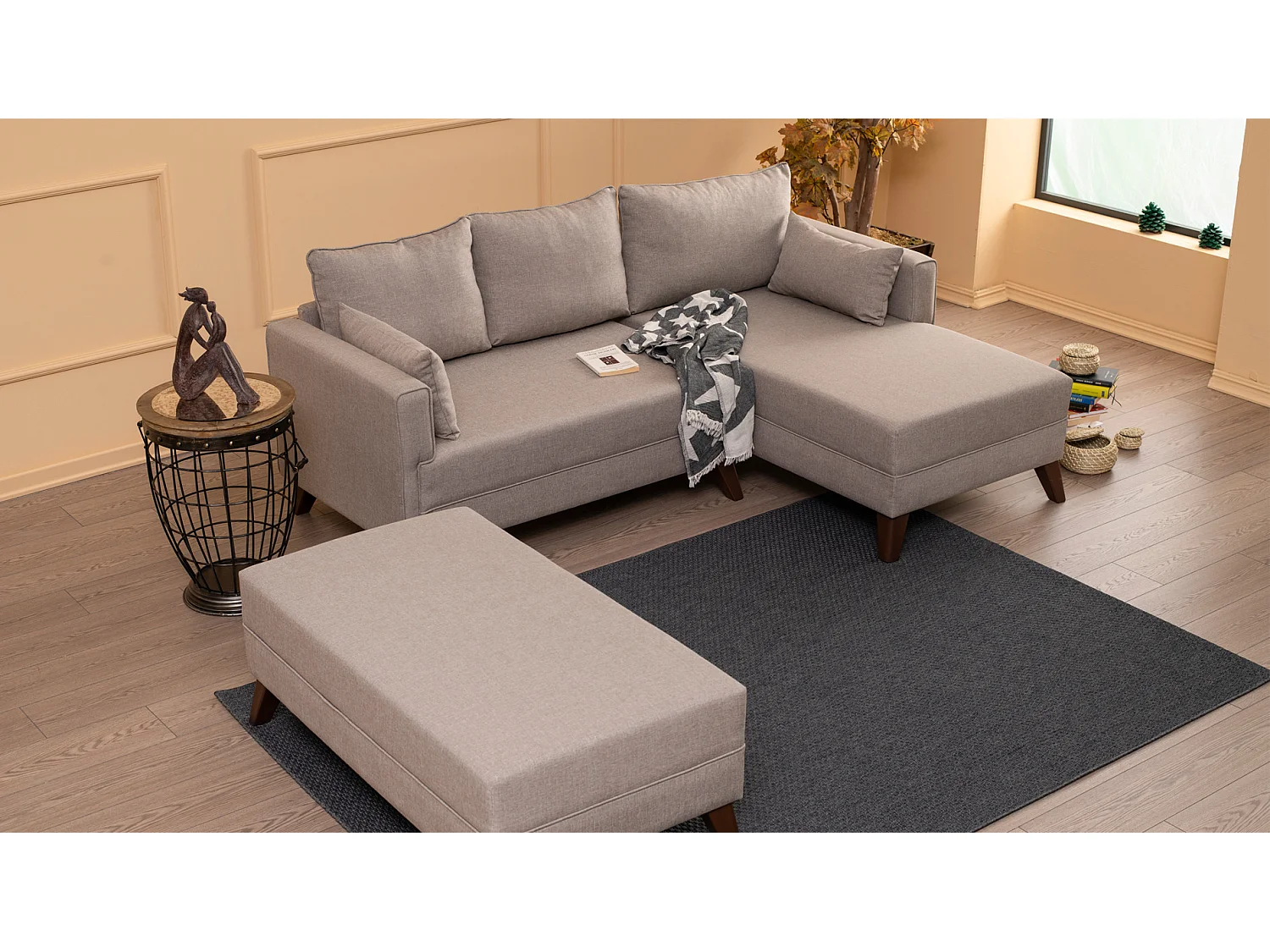 Petit canapé convertible d'angle droit avec pouf tissu beige Kandy 205cm