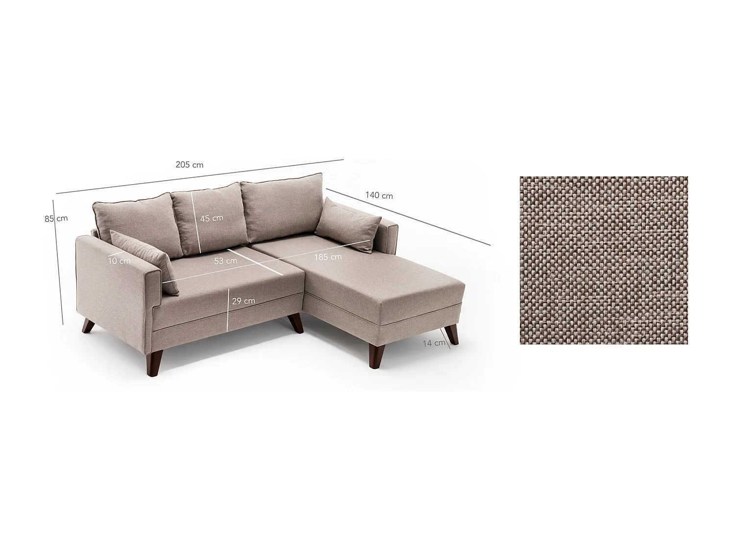 Petit canapé convertible d'angle droit avec pouf tissu beige Kandy 205cm