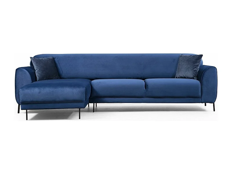 Liza design hoekbank links in marineblauw fluweel en zwarte stalen poten