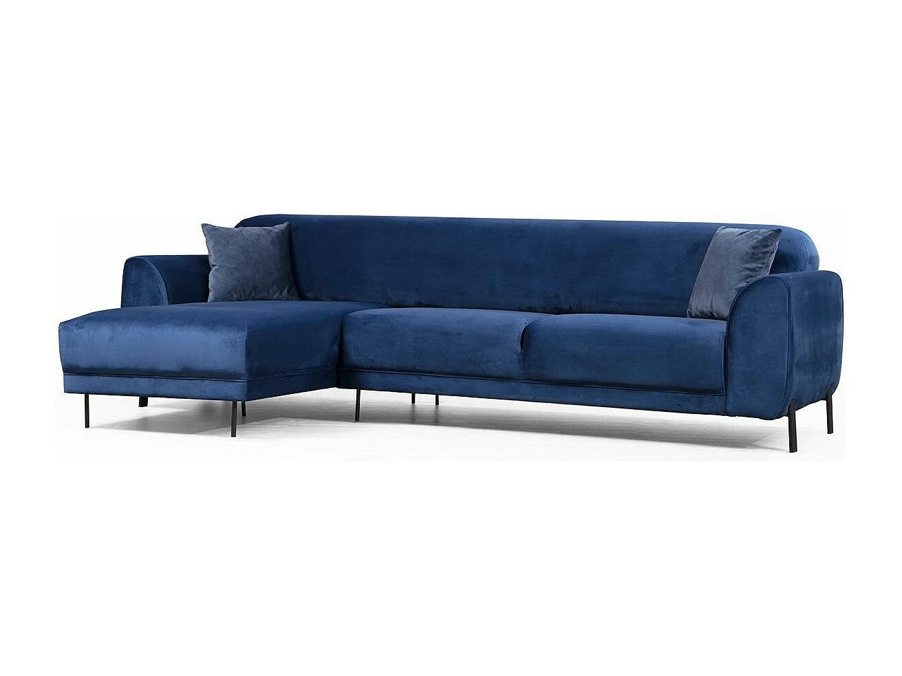 Canapé d'angle gauche design velours bleu marine et pieds acier noir Liza