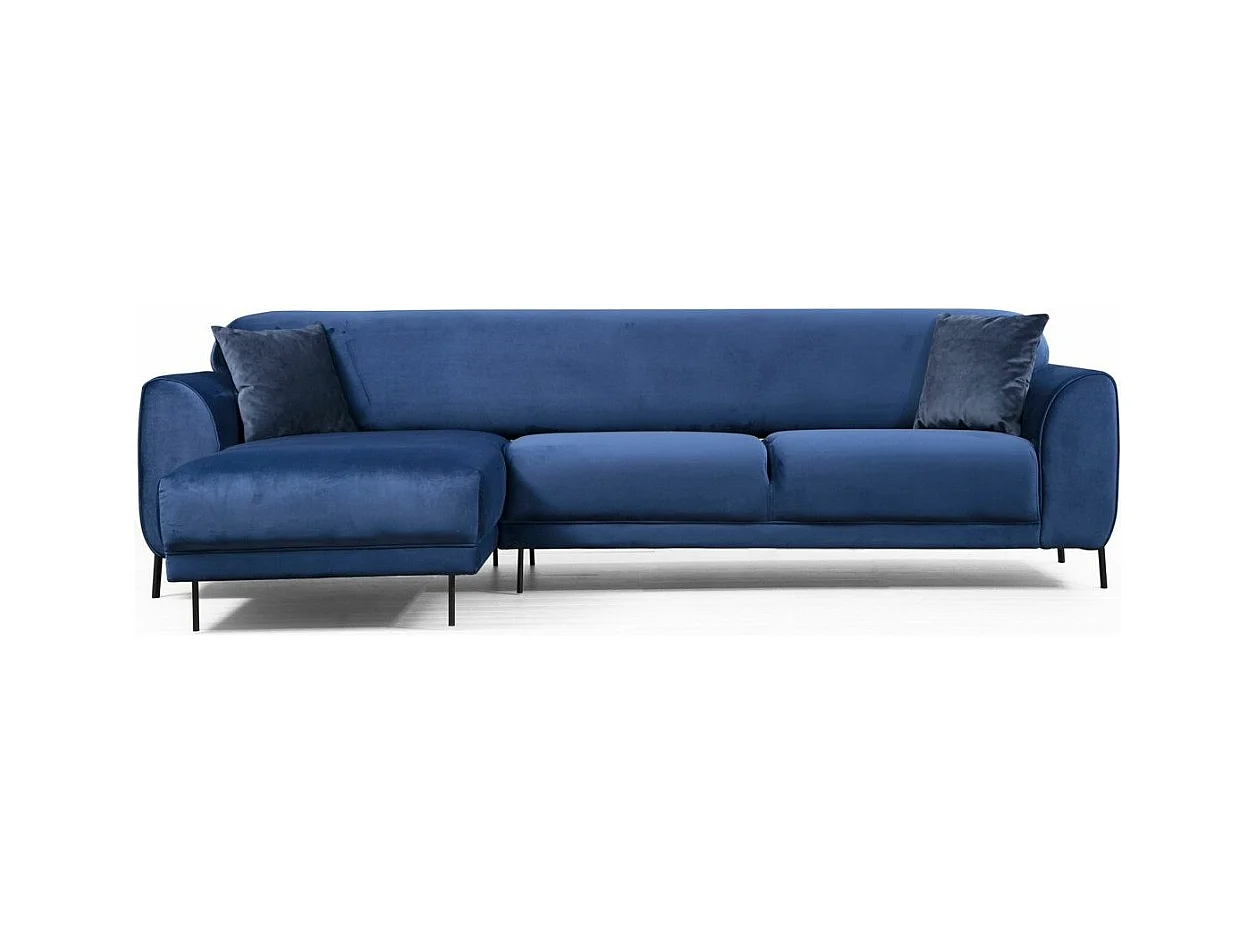 Liza design hoekbank links in marineblauw fluweel en zwarte stalen poten