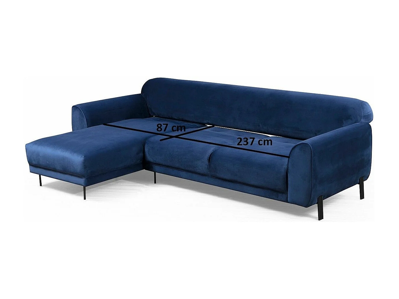 Canapé d'angle gauche design velours bleu marine et pieds acier noir Liza