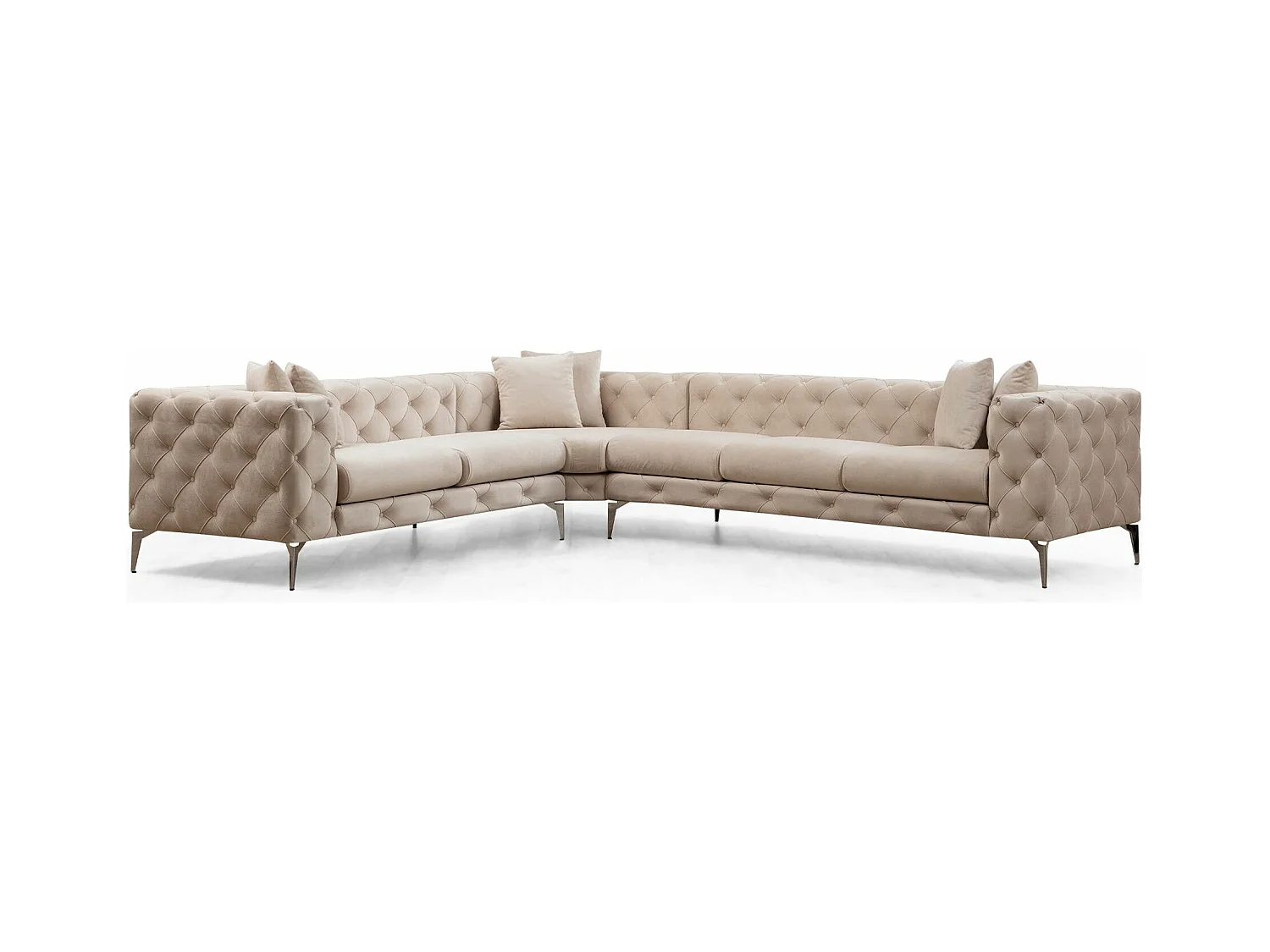 Canapé d'angle droit capitonné velours beige clair et pieds chromés Herakles 270cm