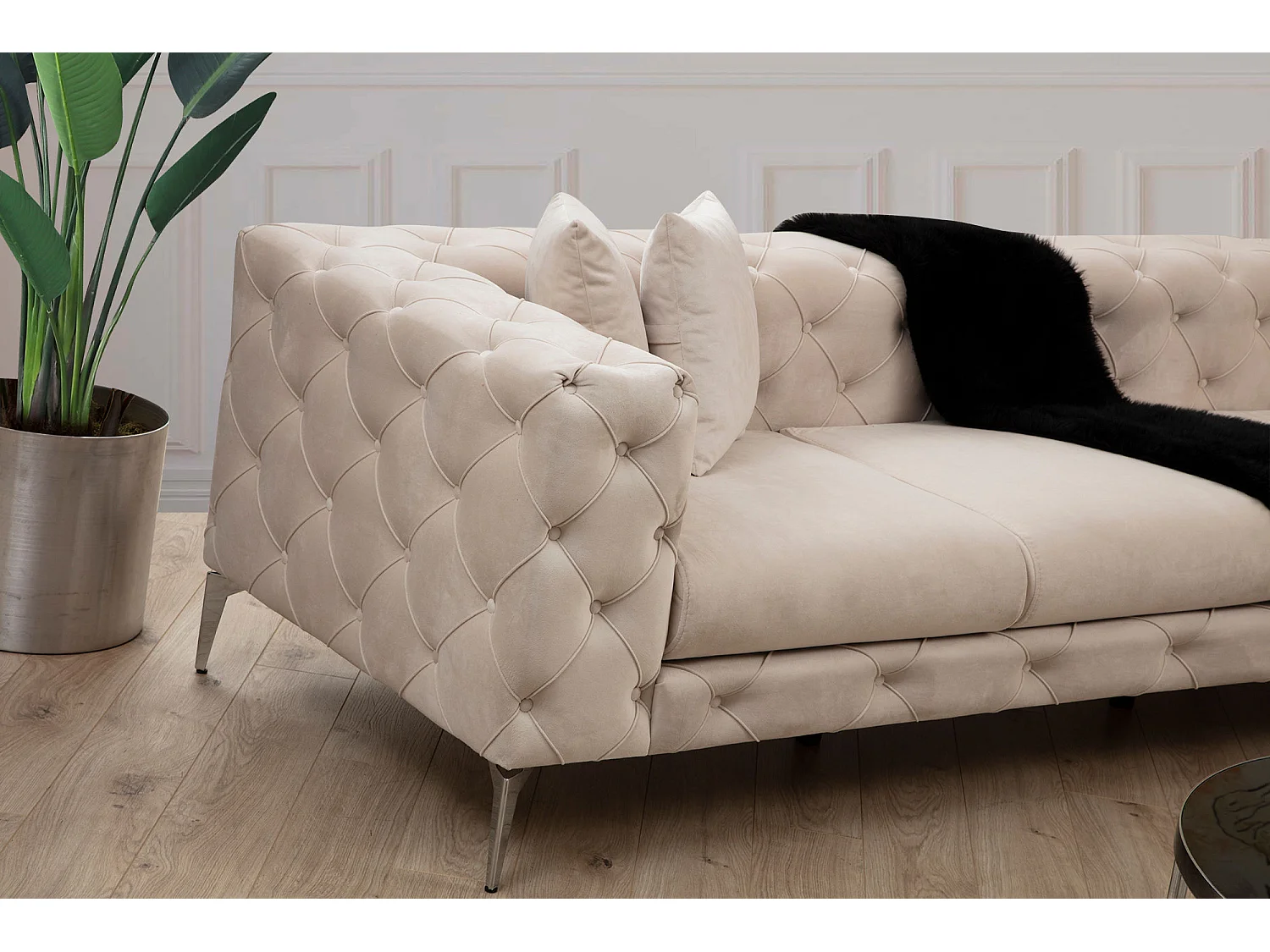 Canapé d'angle droit capitonné velours beige clair et pieds chromés Herakles 270cm