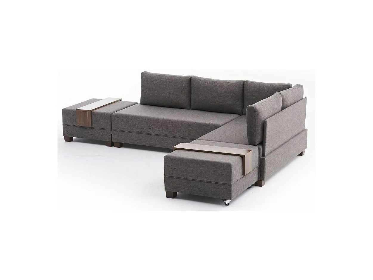 Canapé d'angle convertible et 2 poufs tissu Tikona 280cm-Marron clair-angle droit