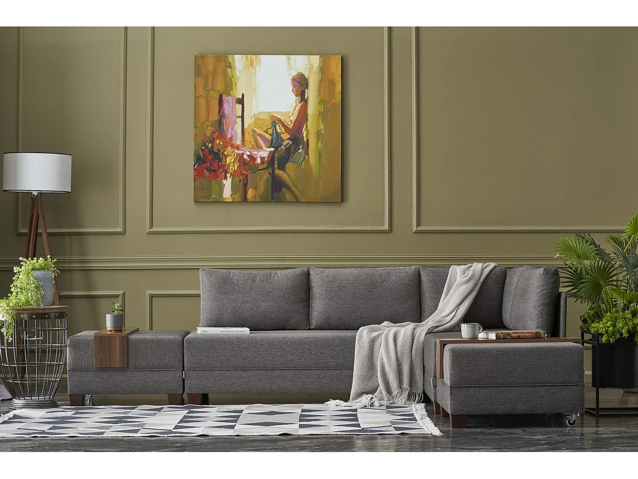 Canapé d'angle convertible et 2 poufs tissu Tikona 280cm-Marron clair-angle droit