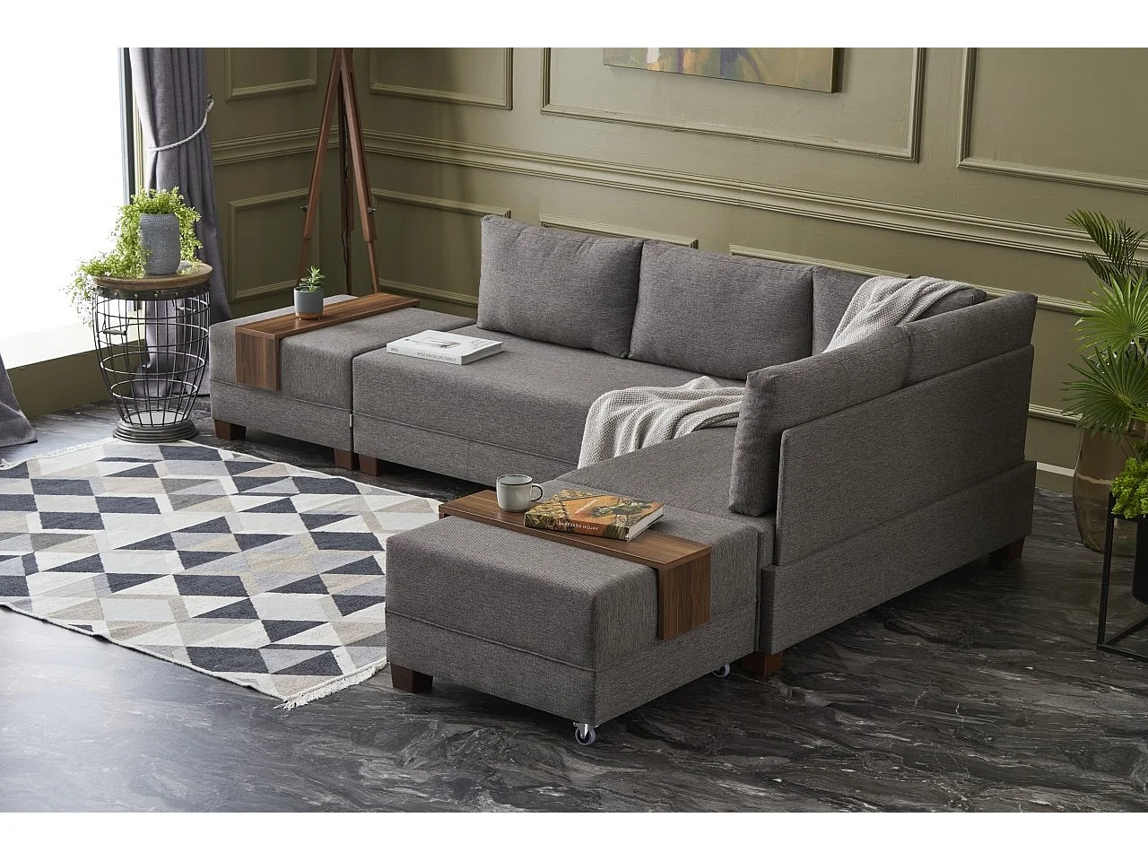 Canapé d'angle convertible et 2 poufs tissu Tikona 280cm-Marron clair-angle droit