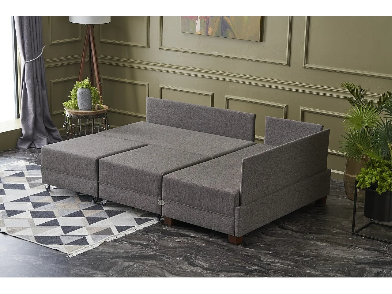 Canapé d'angle convertible et 2 poufs tissu Tikona 280cm-Marron clair-angle droit