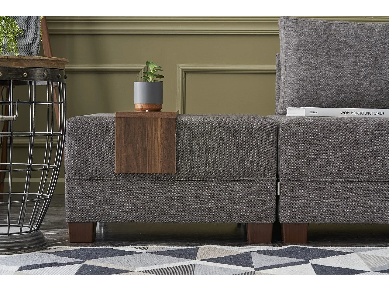 Canapé d'angle convertible et 2 poufs tissu Tikona 280cm-Marron clair-angle droit