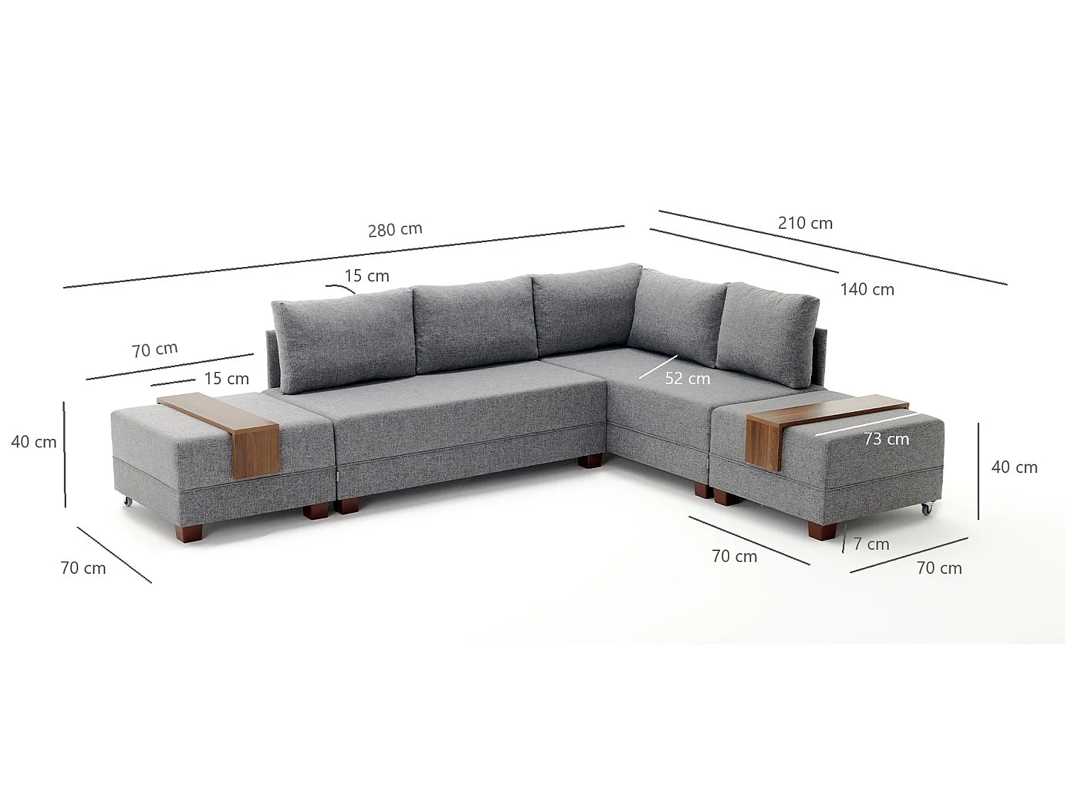 Canapé d'angle convertible et 2 poufs tissu Tikona 280cm-Marron clair-angle droit