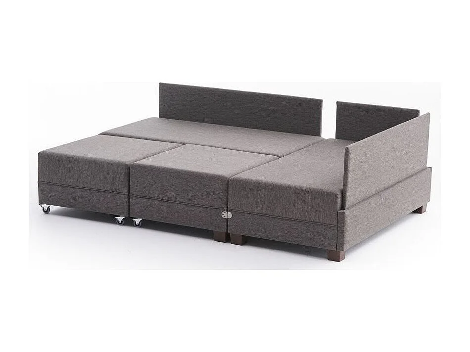 Uitklapbare hoekbank en 2 poefs in stof Tikona, 280 cm-Kleur Lichtbruin-juiste hoek