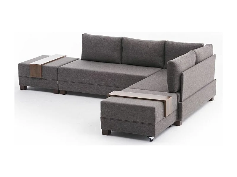 Canapé d'angle convertible et 2 poufs tissu Tikona 280cm-Marron clair-angle droit