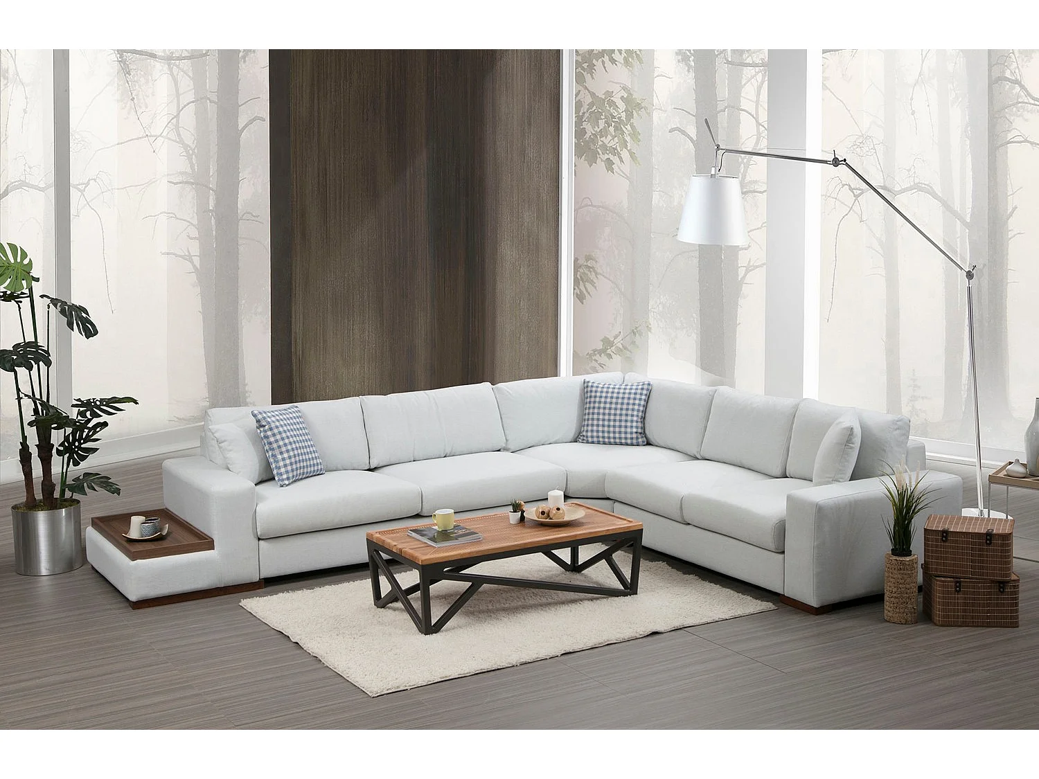 Hoekbank in beige stof met houten plank links Kaloé 363 cm