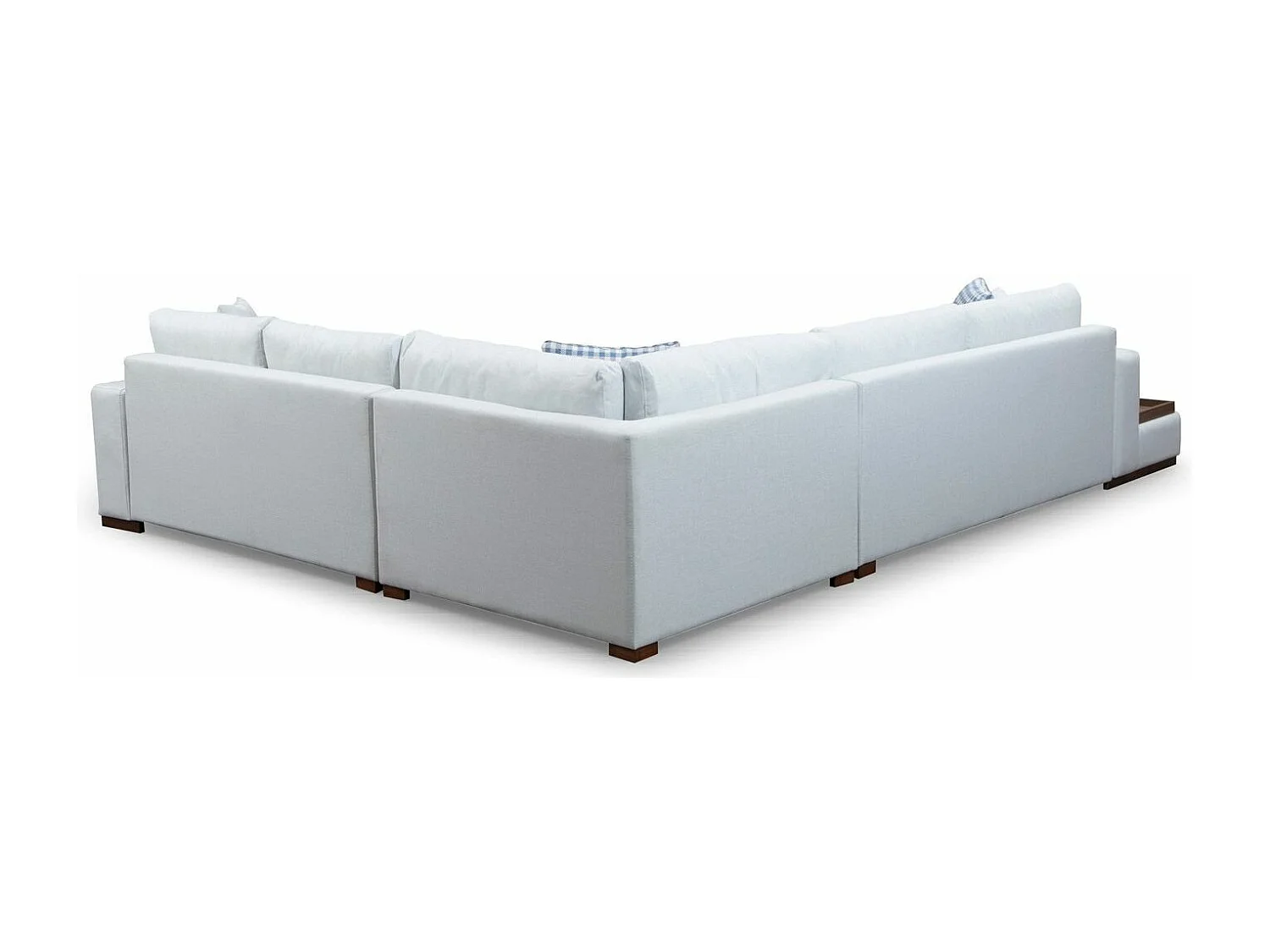 Hoekbank in beige stof met houten plank links Kaloé 363 cm