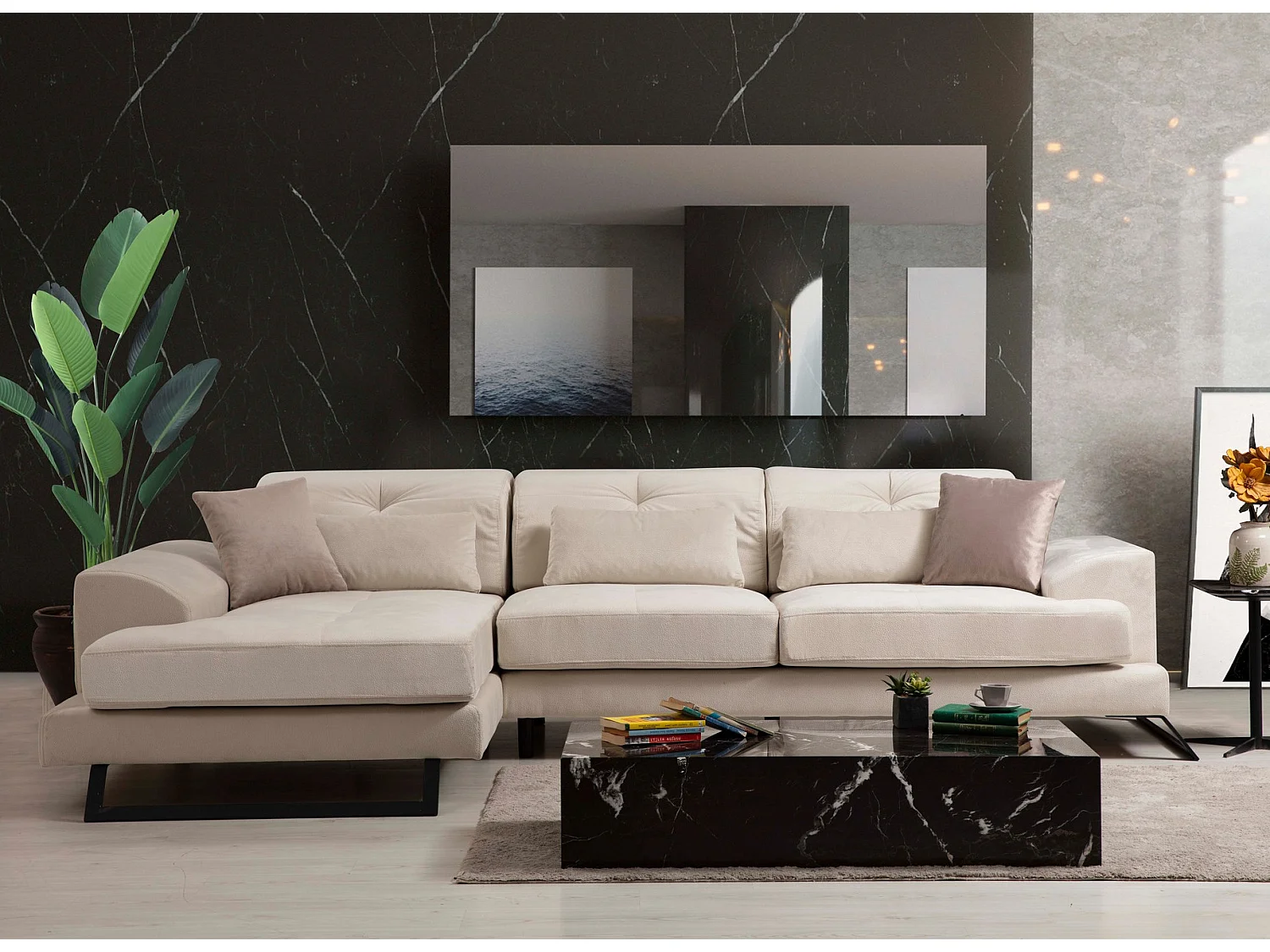 Canapé d'angle gauche velours beige clair têtières relevables pieds metal noir Briko 308cm