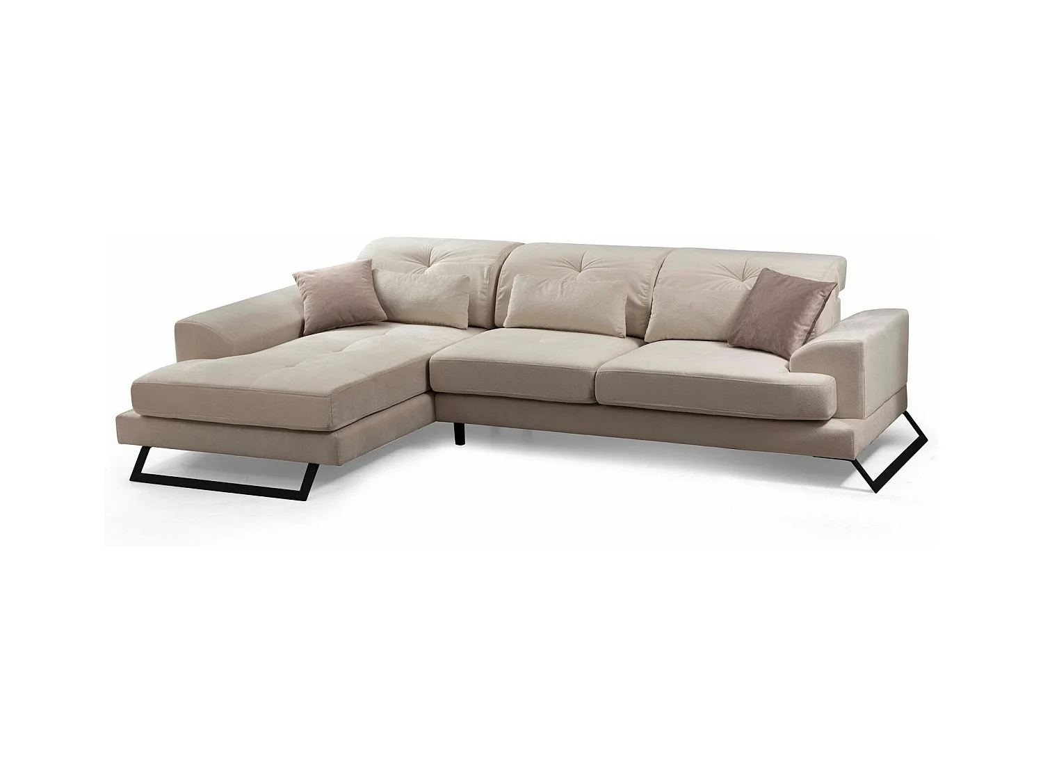 Canapé d'angle gauche velours beige clair têtières relevables pieds metal noir Briko 308cm