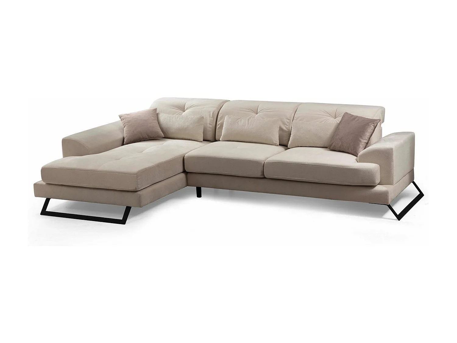 Canapé d'angle gauche velours beige clair têtières relevables pieds metal noir Briko 308cm