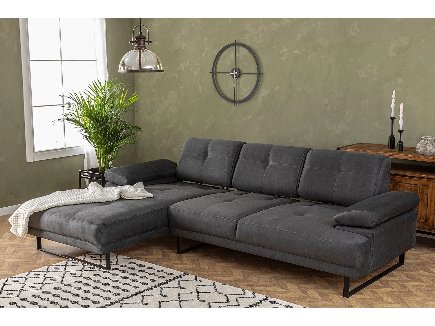 Grand canapé d'angle gauche moderne tissu doux anthracite pieds métal noir Kustone 314cm 314cm