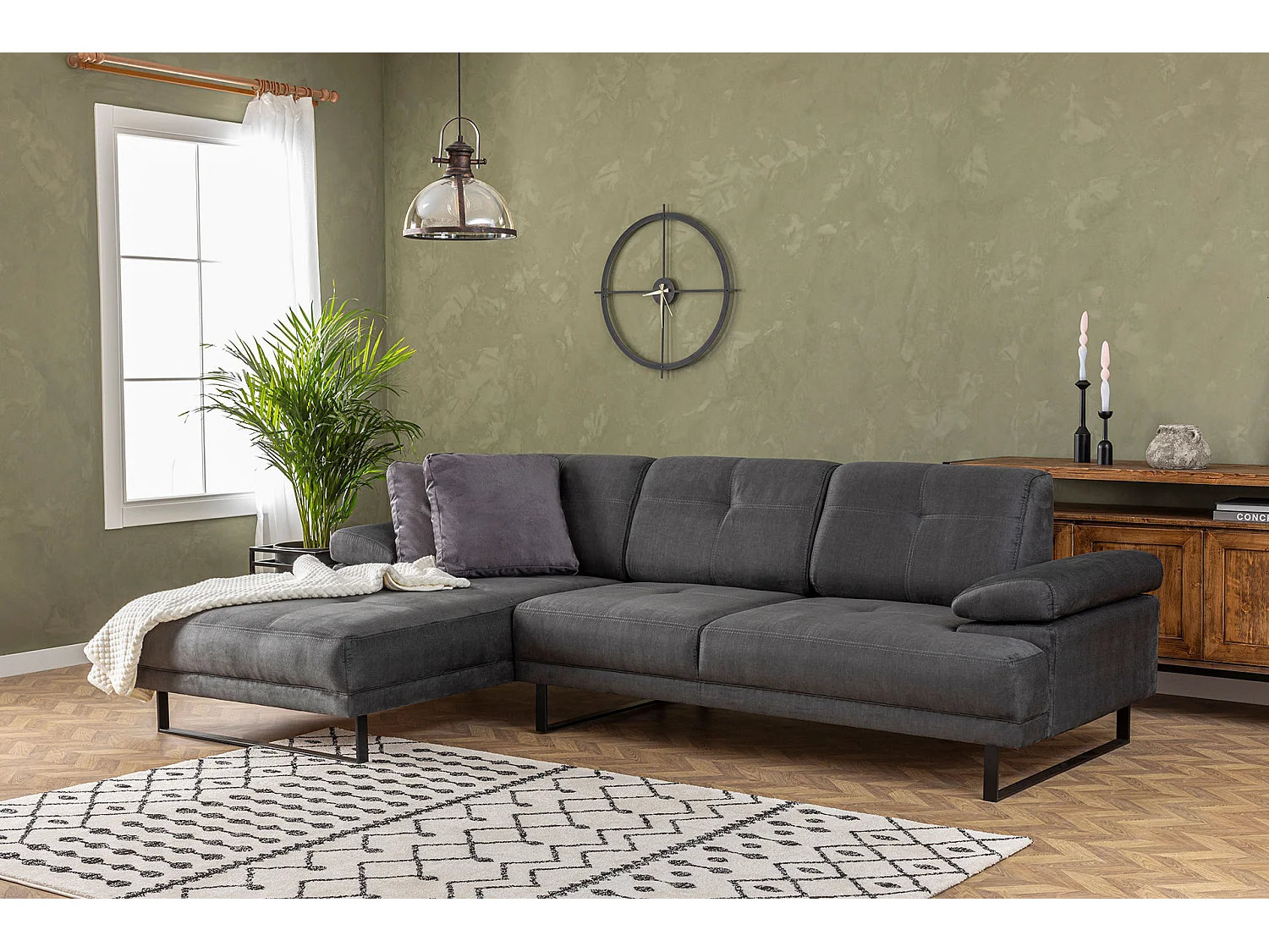 Grand canapé d'angle gauche moderne tissu doux anthracite pieds métal noir Kustone 314cm 314cm