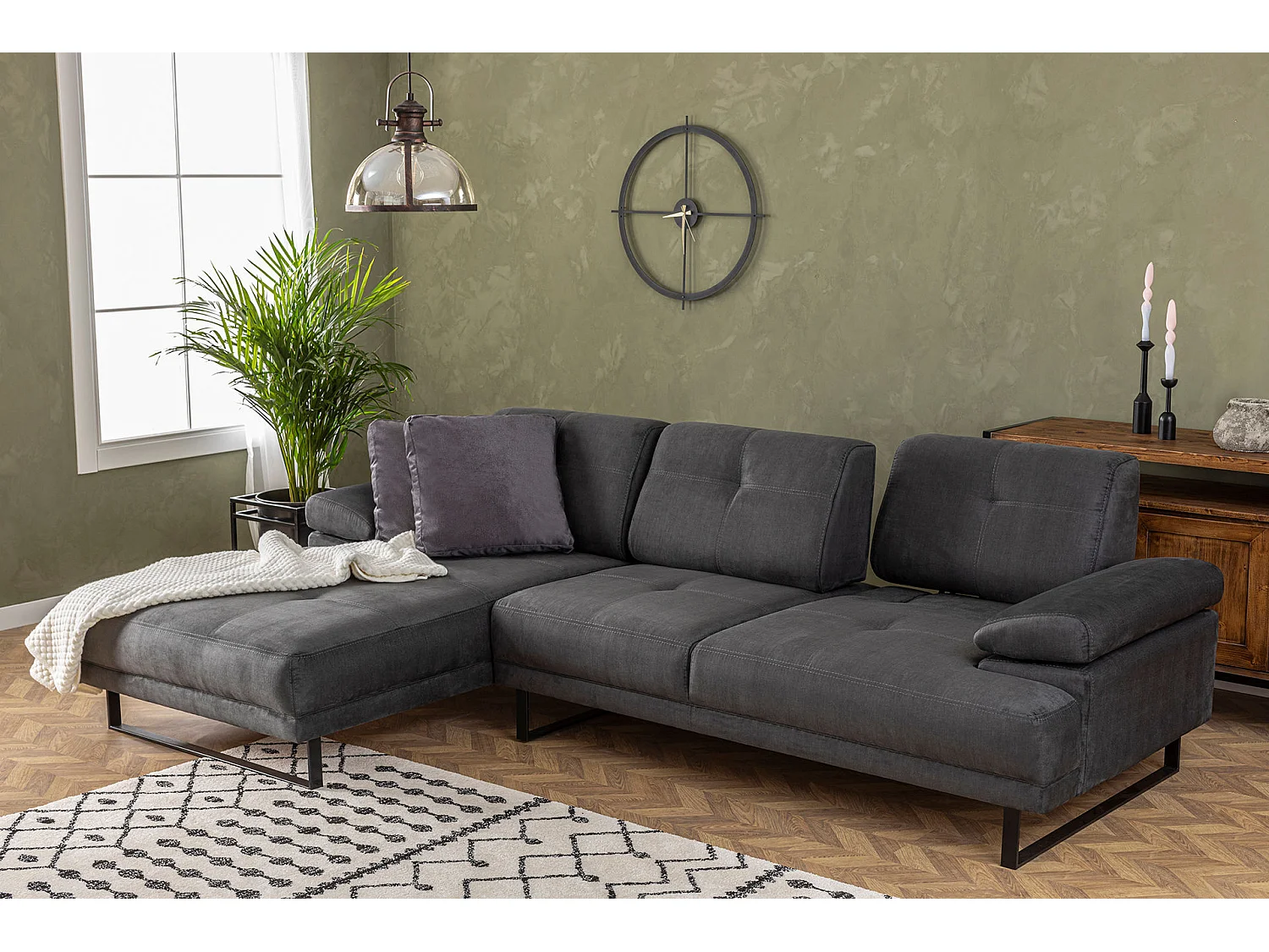 Grand canapé d'angle gauche moderne tissu doux anthracite pieds métal noir Kustone 314cm 314cm