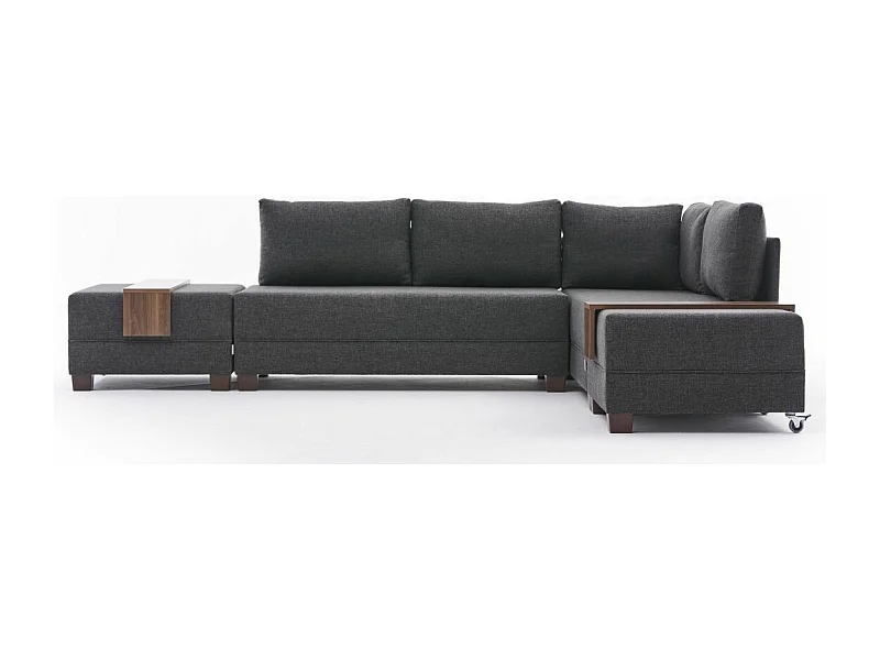 Canapé d'angle convertible et 2 poufs tissu Tikona 280cm-Gris anthracite-angle droit