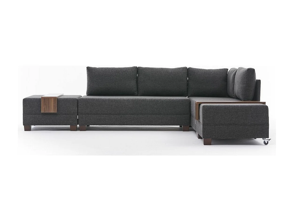 Canapé d'angle convertible et 2 poufs tissu Tikona 280cm-Gris anthracite-angle droit