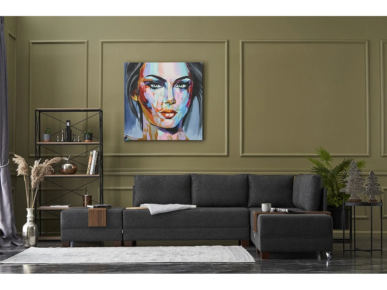 Canapé d'angle convertible et 2 poufs tissu Tikona 280cm-Gris anthracite-angle droit