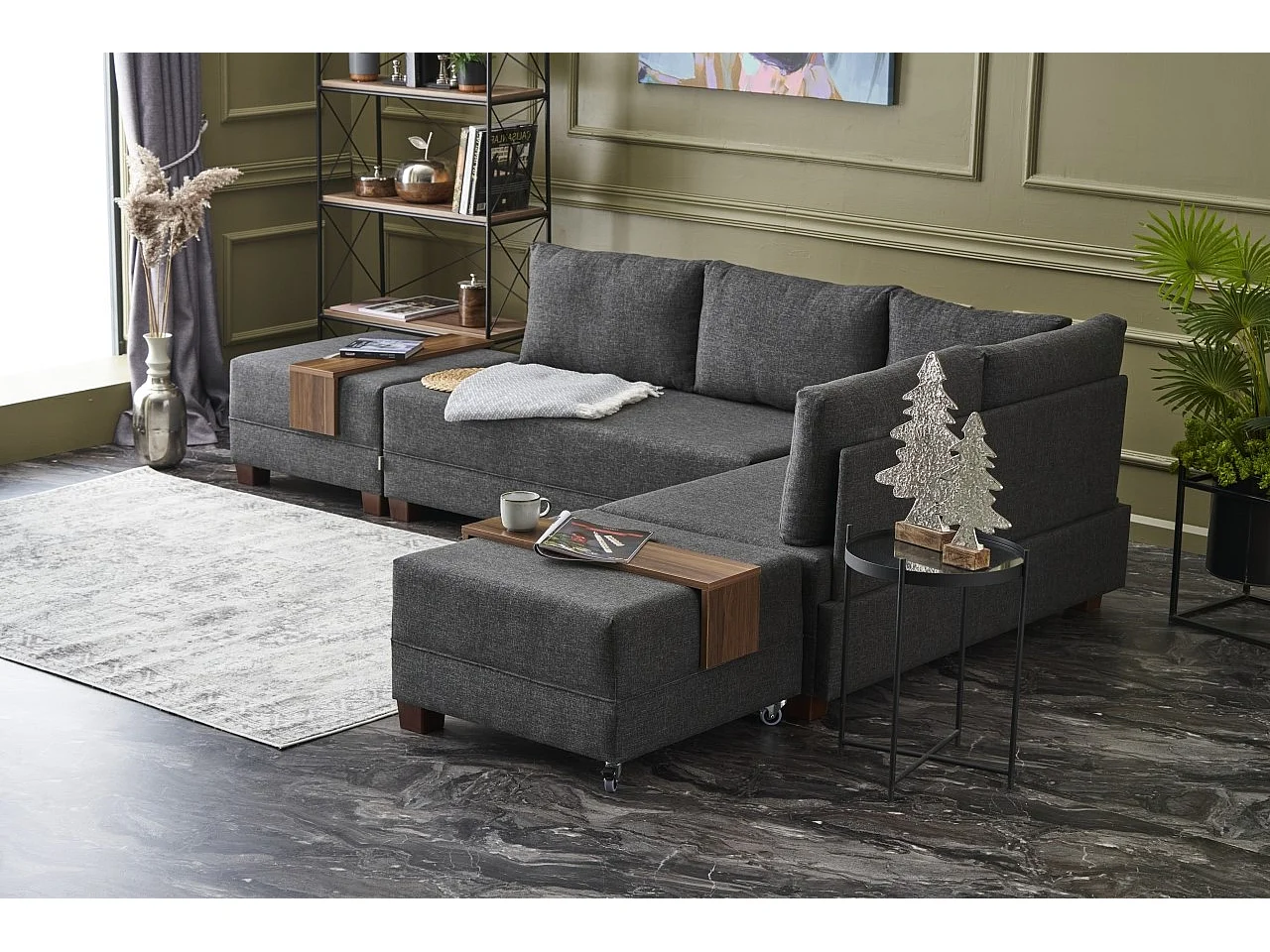 Canapé d'angle convertible et 2 poufs tissu Tikona 280cm-Gris anthracite-angle droit