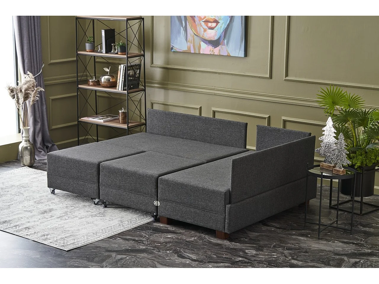 Canapé d'angle convertible et 2 poufs tissu Tikona 280cm-Gris anthracite-angle droit