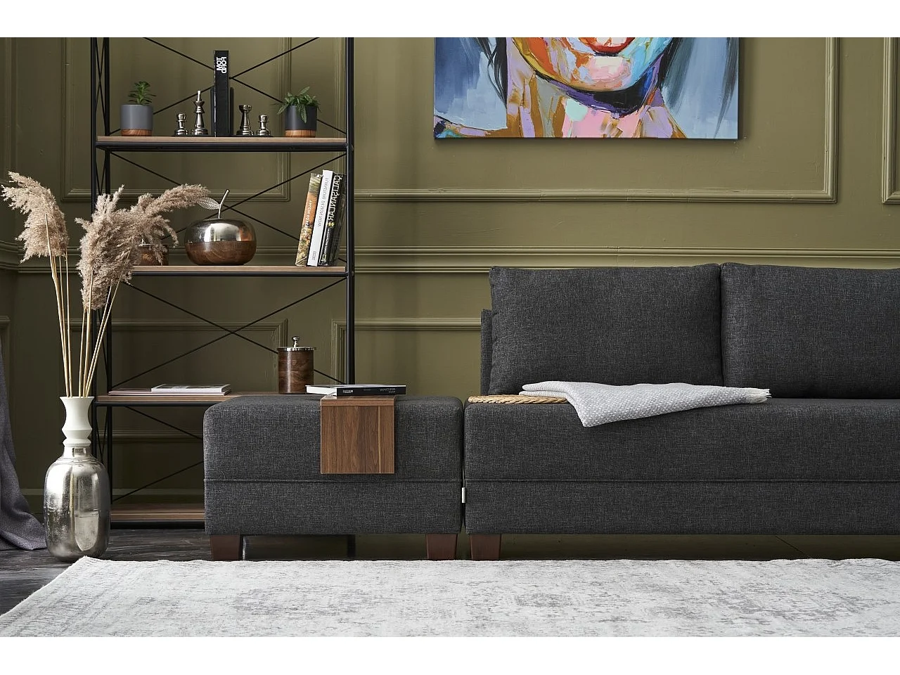 Canapé d'angle convertible et 2 poufs tissu Tikona 280cm-Gris anthracite-angle droit