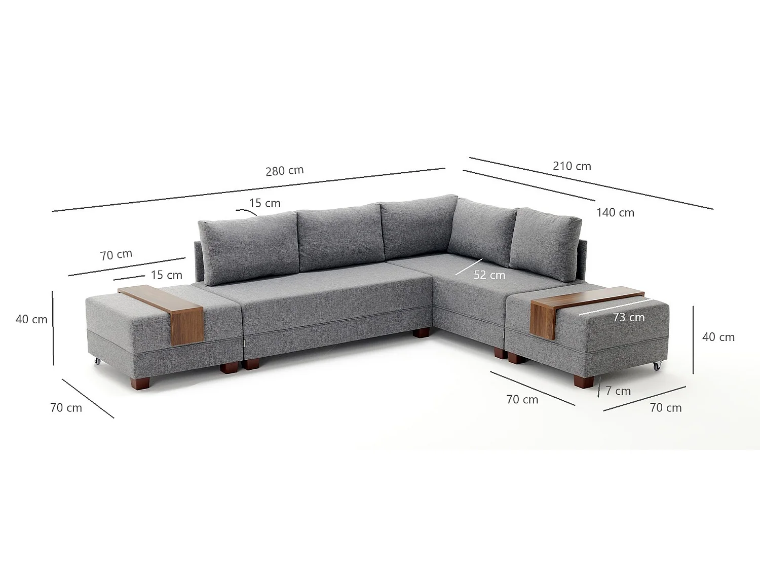 Canapé d'angle convertible et 2 poufs tissu Tikona 280cm-Gris anthracite-angle droit