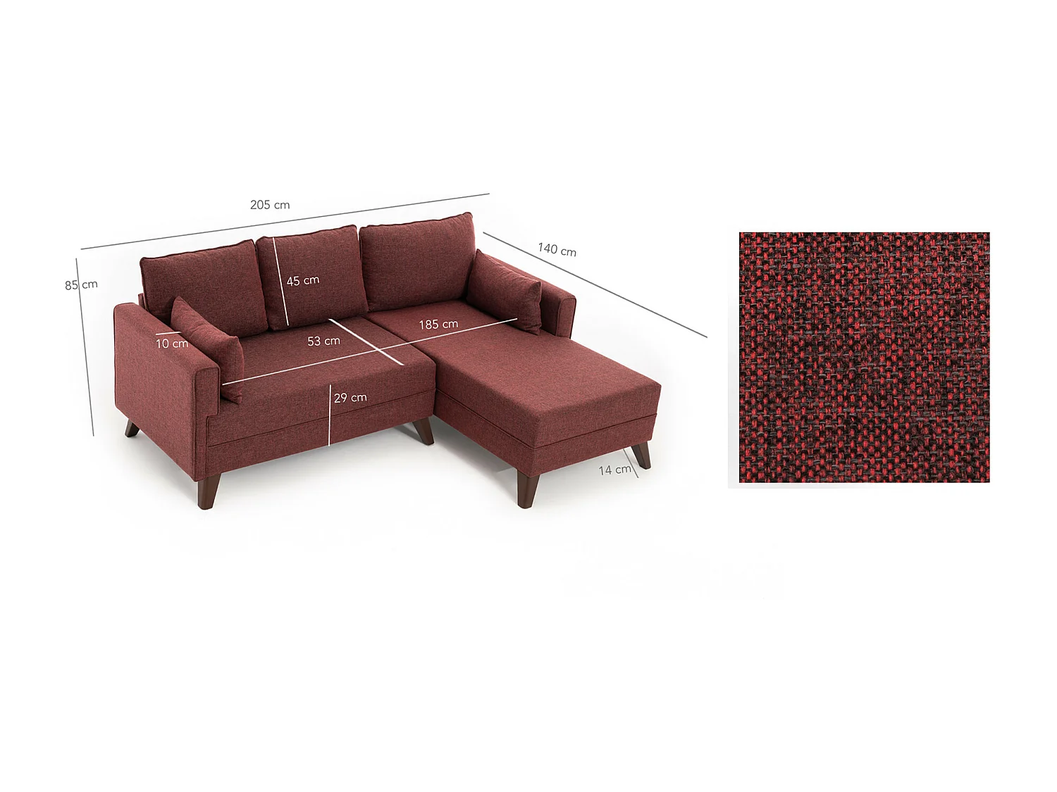 Kleine hoekbank rechts met Kandy bordeauxrode stoffen poef 205 cm