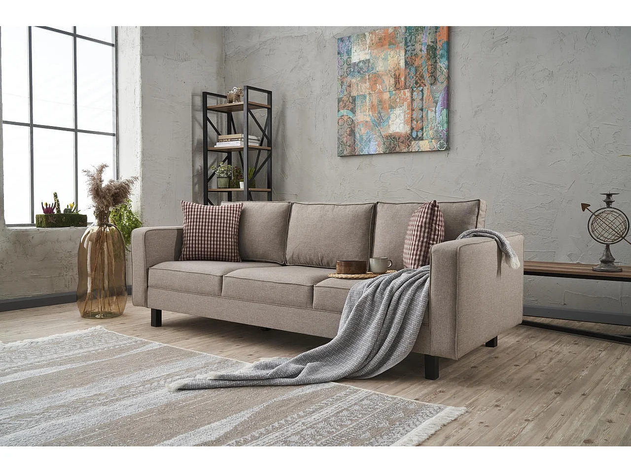 Canapé classique 3 places tissu lin beige clair Kalena 222cm