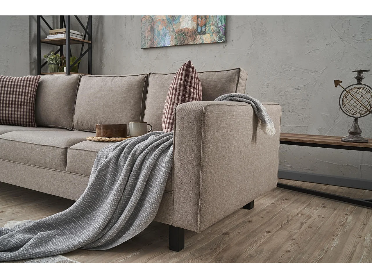 Canapé classique 3 places tissu lin beige clair Kalena 222cm