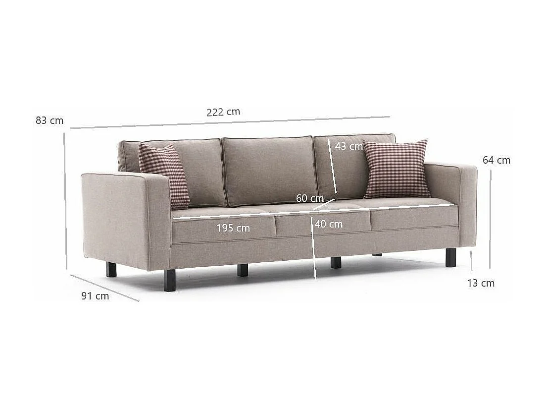 Canapé classique 3 places tissu lin beige clair Kalena 222cm