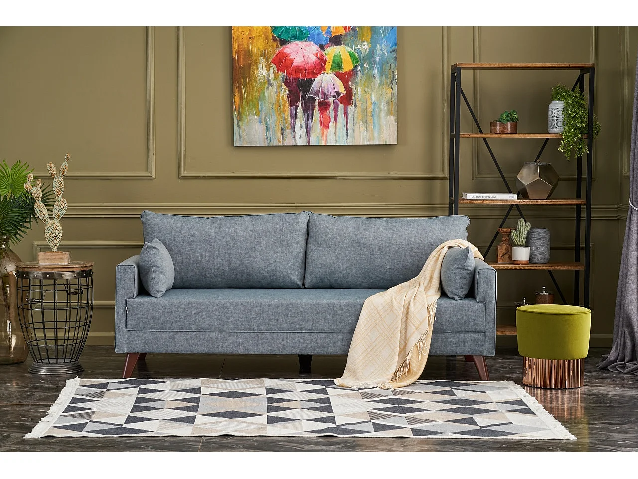 Canapé convertible 3 places tissu bleu clair Kandy 208cm