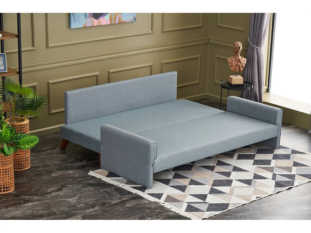 Canapé convertible 3 places tissu bleu clair Kandy 208cm