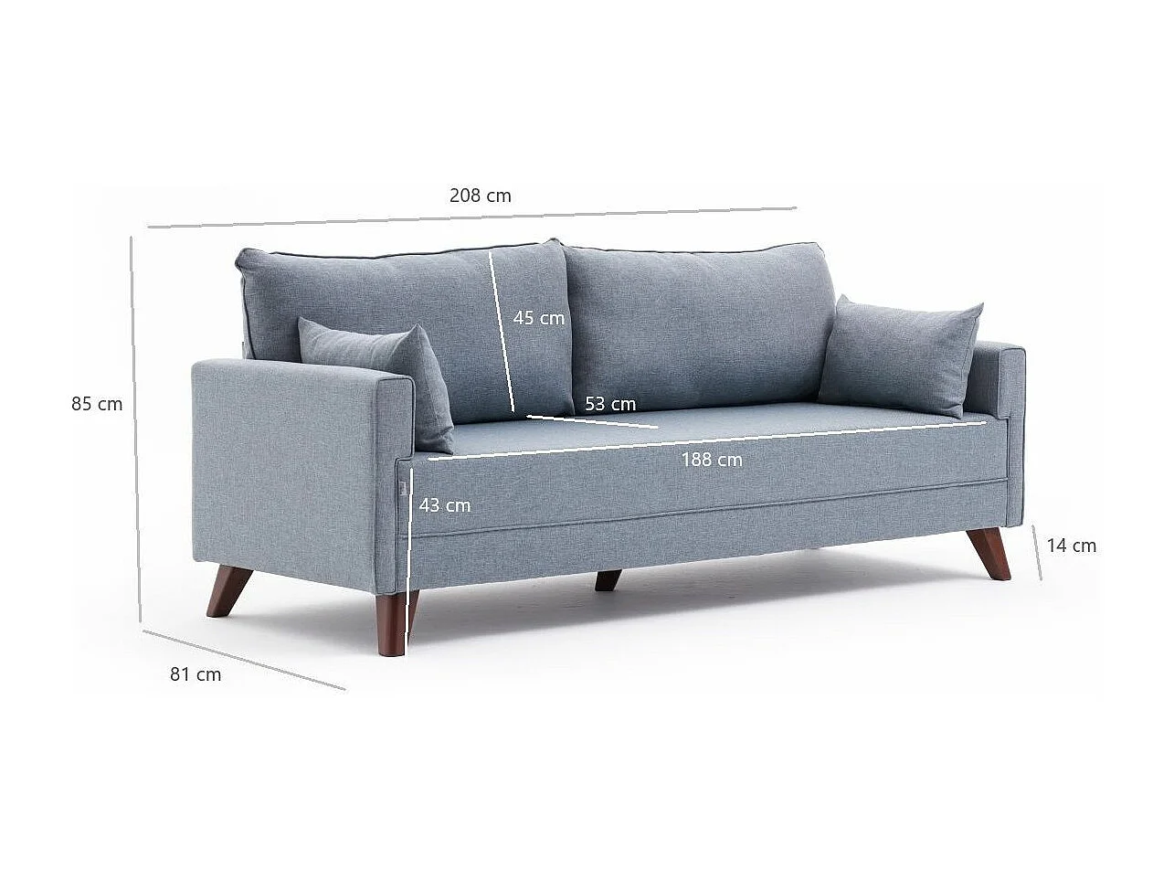 Canapé convertible 3 places tissu bleu clair Kandy 208cm