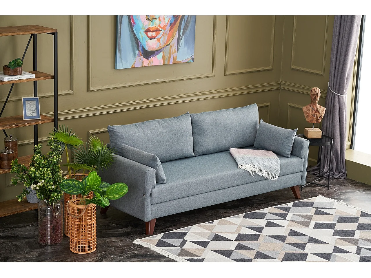 Kandy lichtblauwe stoffen 3-zits slaapbank 208 cm