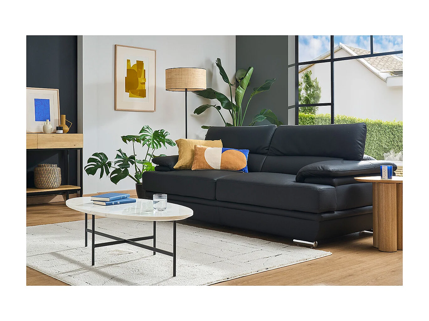 Canapé design avec têtières ajustables 3 places cuir noir et acier chromé EWING