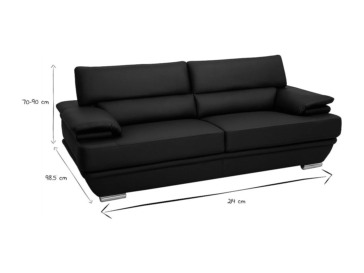 Canapé design avec têtières ajustables 3 places cuir noir et acier chromé EWING