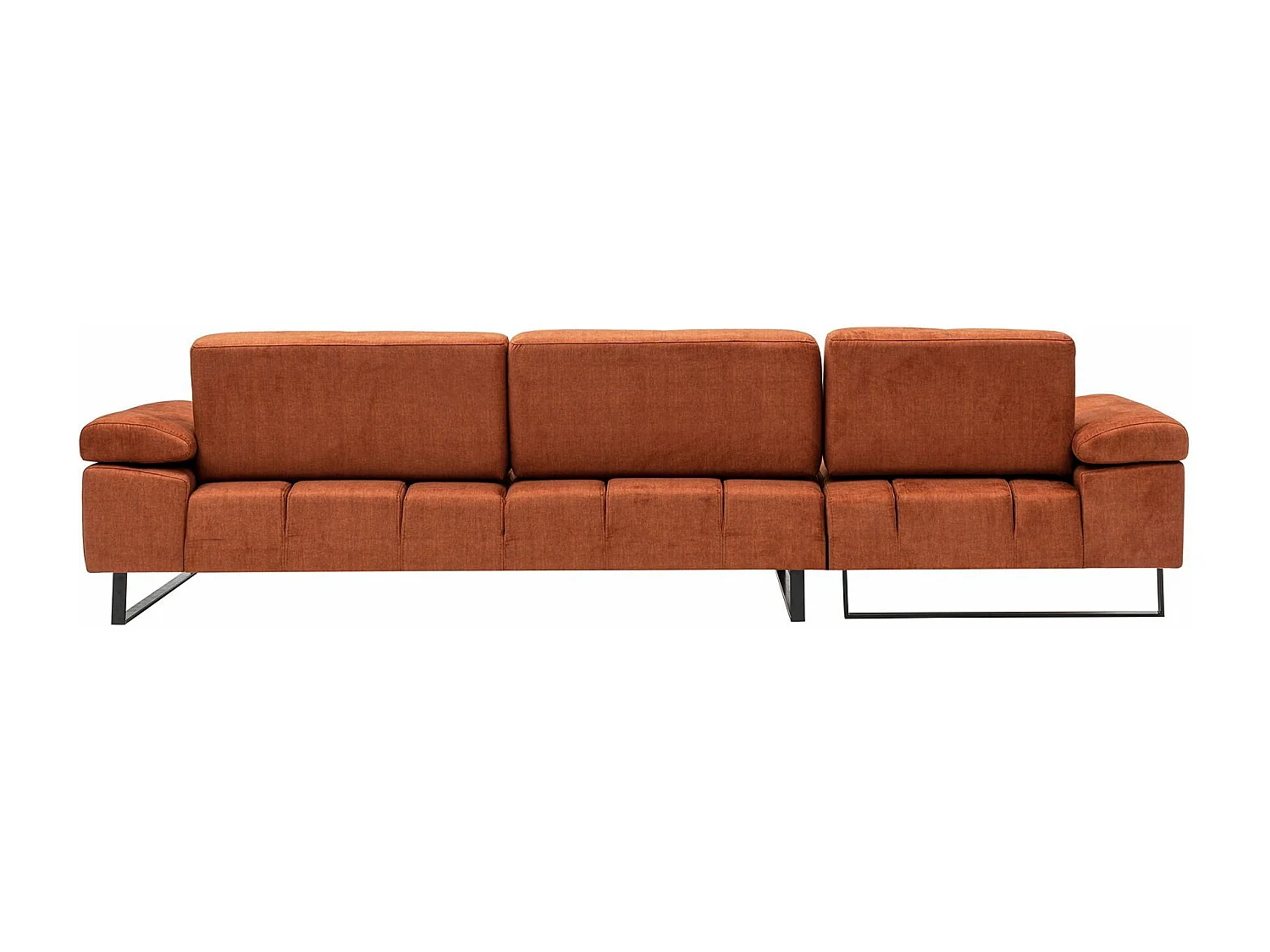 Grand canapé d'angle gauche tissu orange et métal noir Kustone 314cm